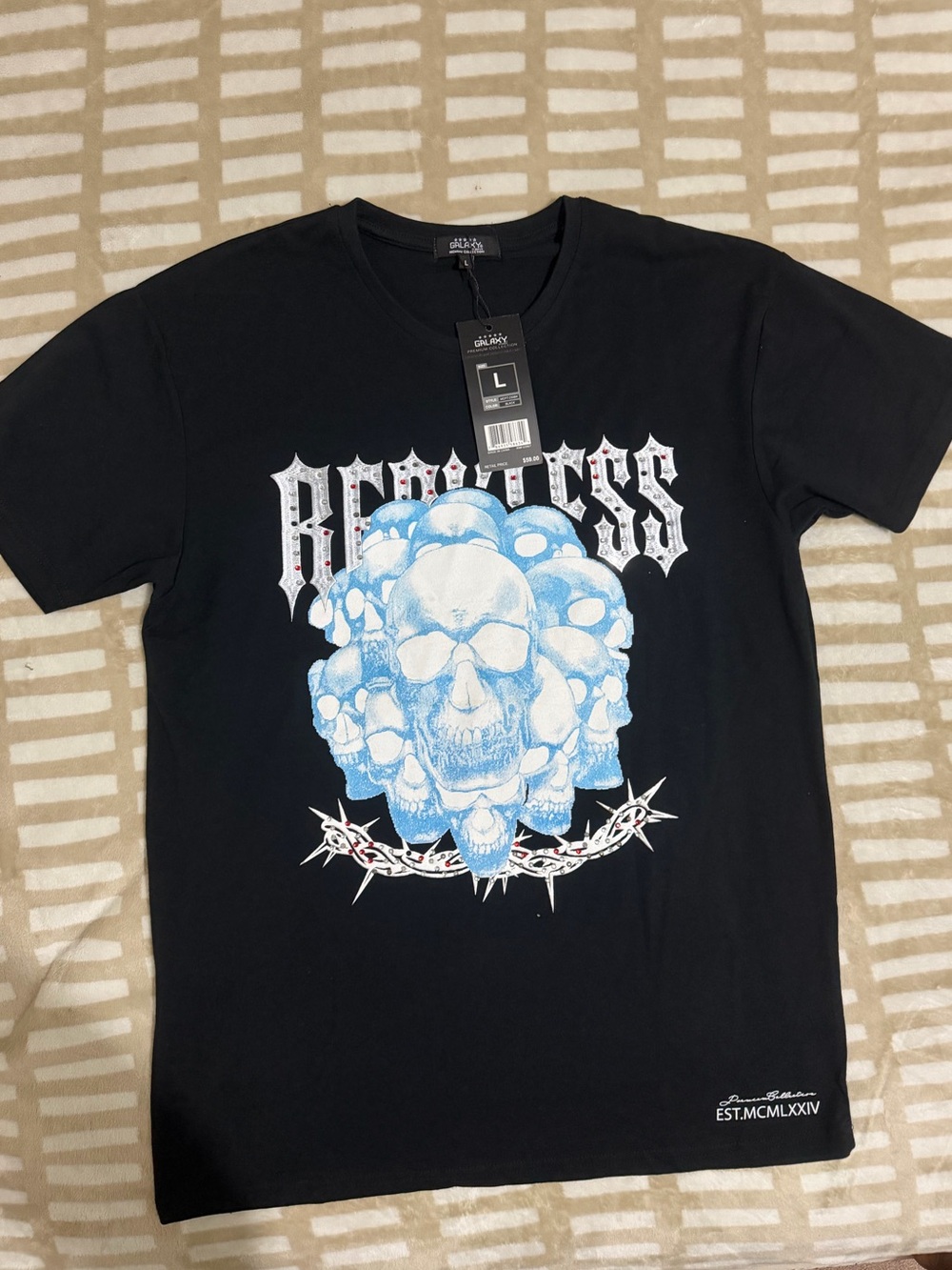 Express Black Short-Sleeve Tee with Light Blue Skull Graphic
